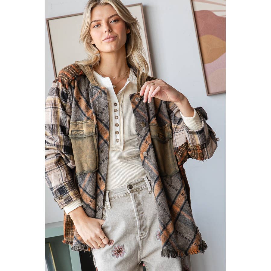 WASHED MIXED PLAID OVERSIZED HOODED JACKET
