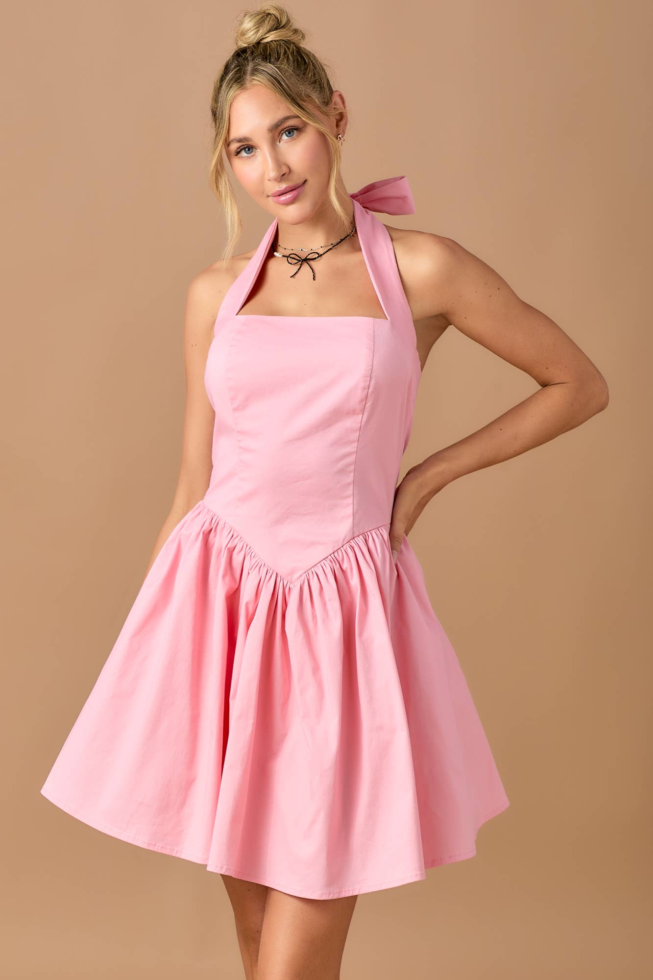 Halter style corset fit flared cotton mini dress