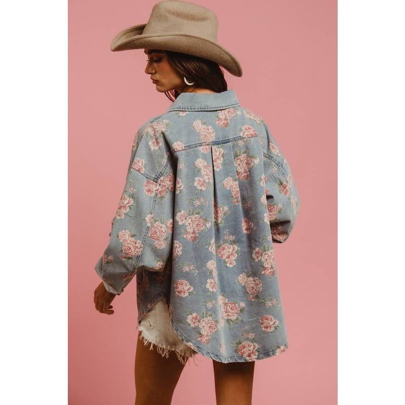 FLORAL PRINT WASHED DENIM SHACKET WITH SIDE POCKET
