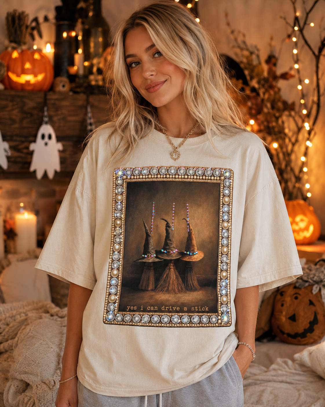 SEPT 1st SHIP Yes I Can Drive A Stick Cream Graphic BLINGED tee