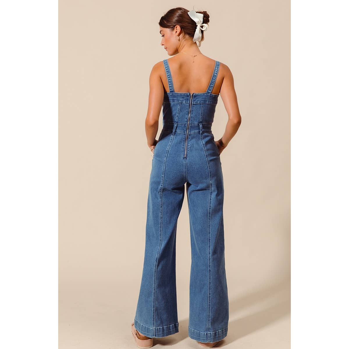 FRONT CUT EXPOSED SEAM WASHED DENIM JUMPSUIT : DENIM