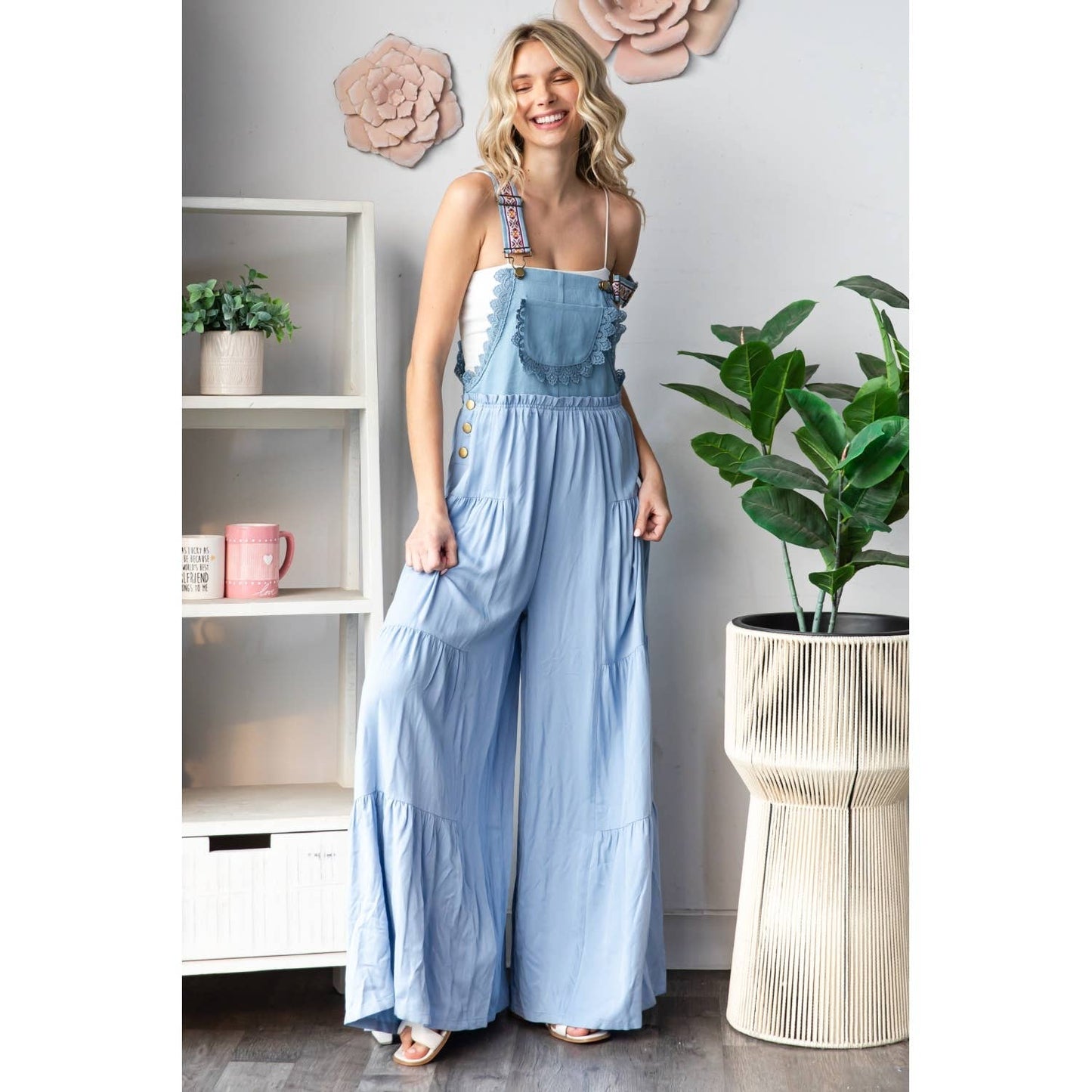 Embroidered Strap Flowy Jumpsuit: Blue