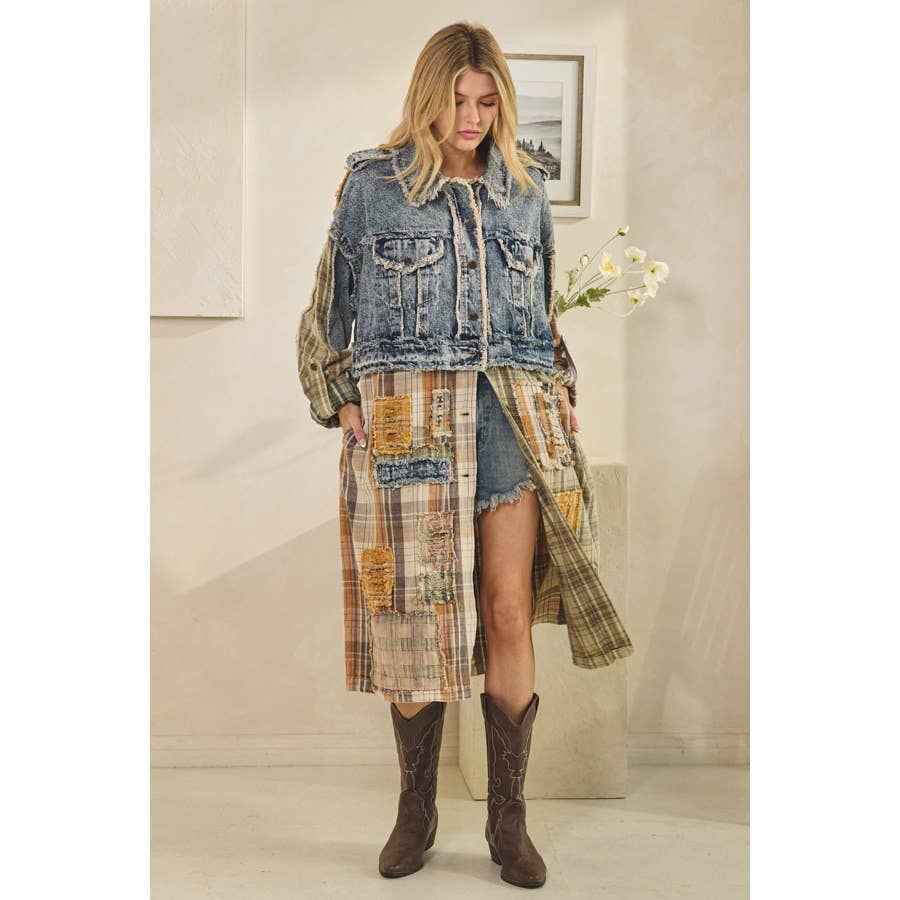 WASHED DENIM PLAID MIXED LONG SLEEVE JACKET