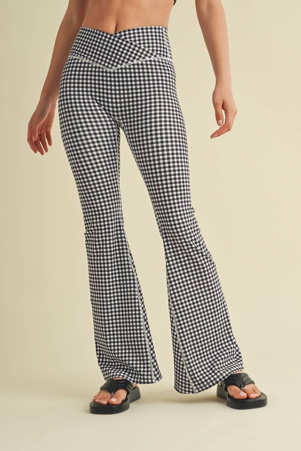 Gingham Print High Waist Crossover Flare Legging