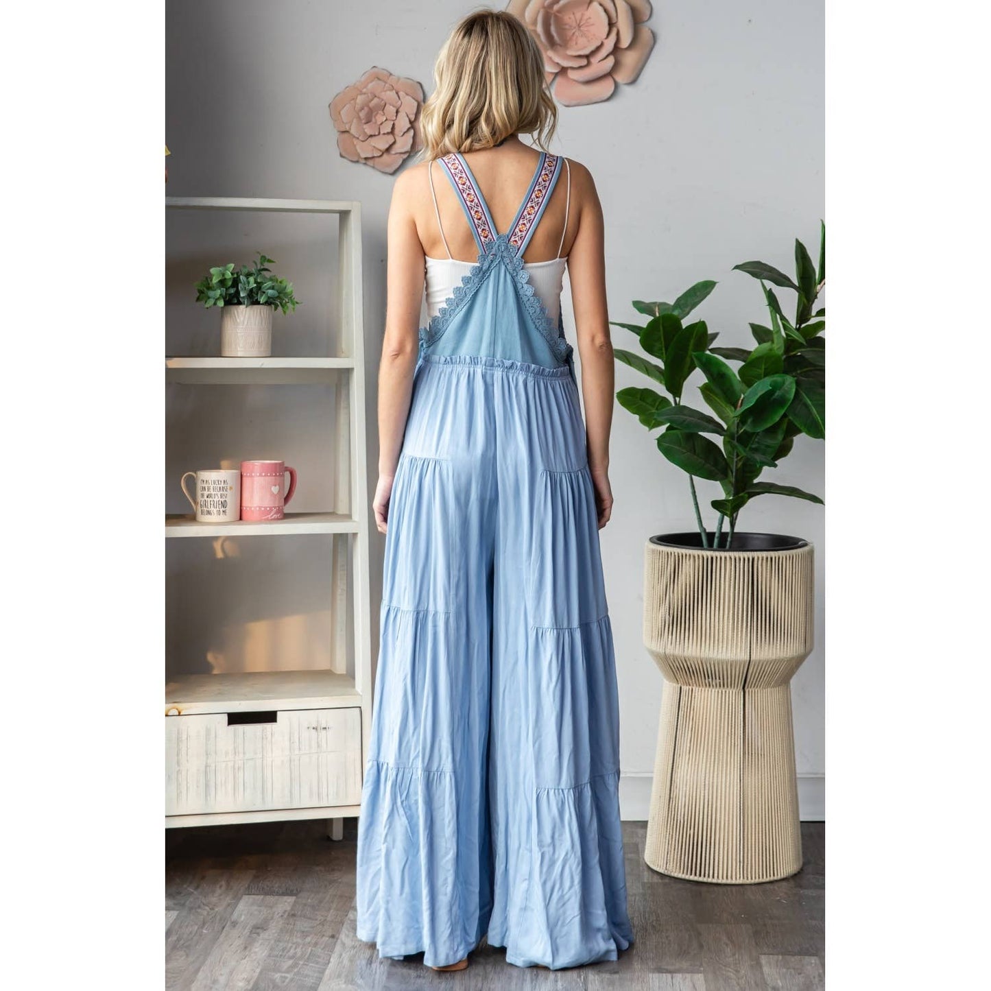 Embroidered Strap Flowy Jumpsuit: Blue