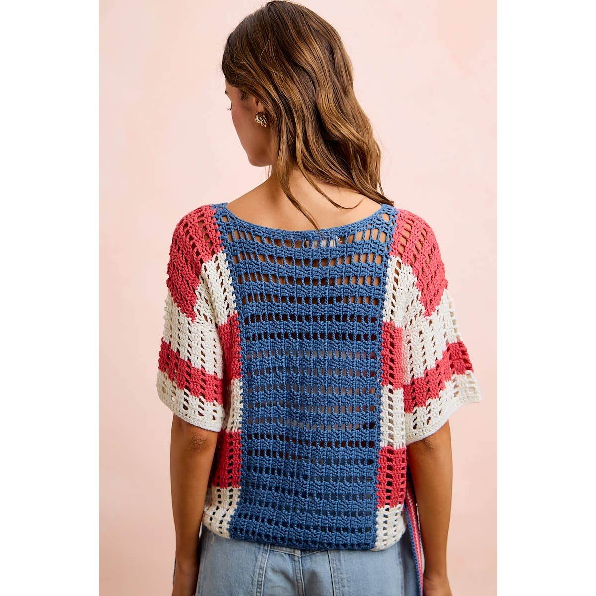 4TH OF JULY AMERICAN FLAG OPEN KNIT CROCHET TOP: AMERICAN FLAG