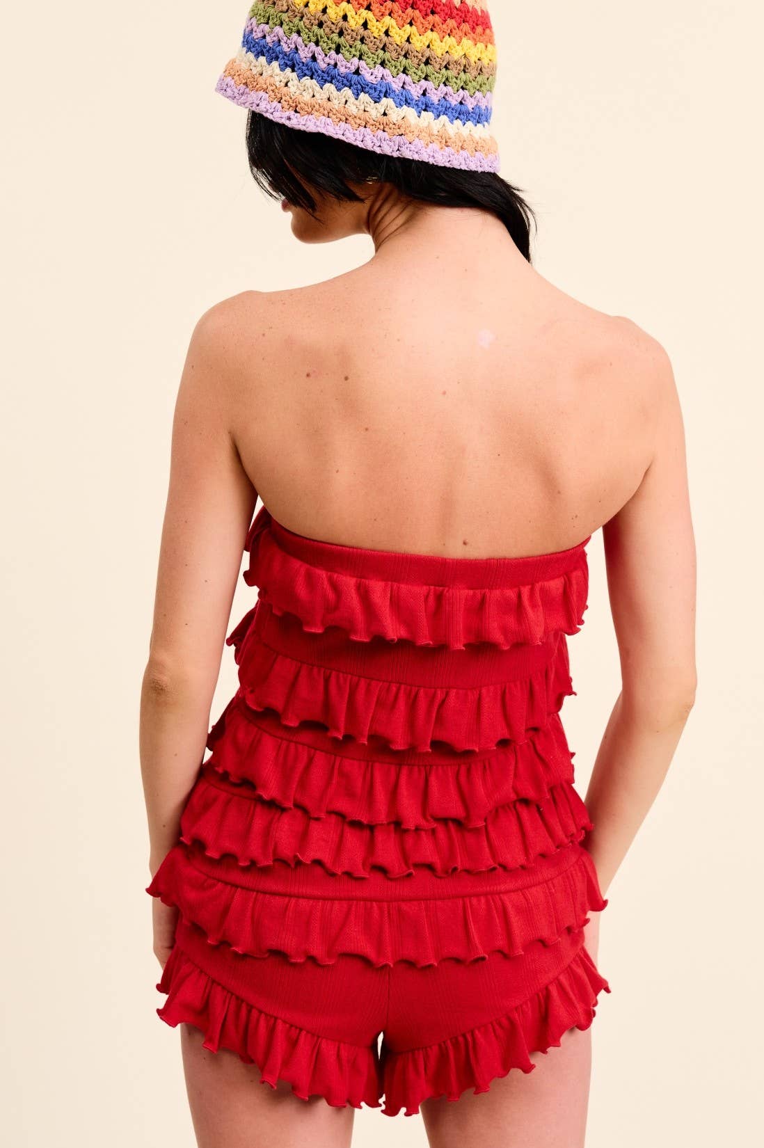 Open-Pack Frilly Strapless Romper with Ruffled Lettuce Hem: Red / S