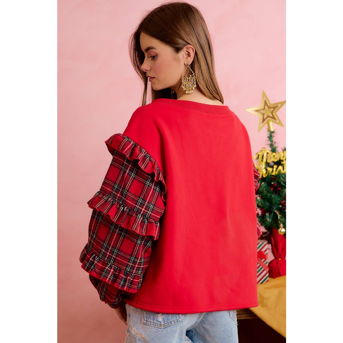 OCT SHIP JOYFUL HEARTS RUFFLED SLEEVE JOY PATCHWORK V NECK TOP