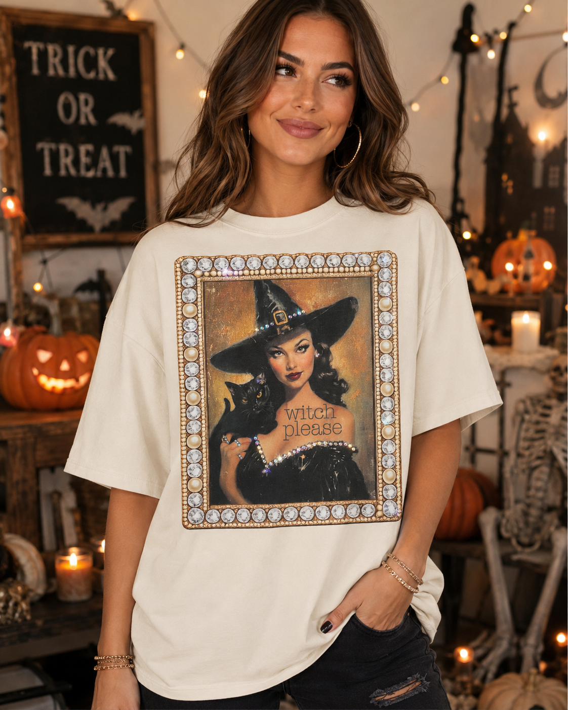 SEPT 1st SHIP Witch Please BLINGED Cream Graphic Tee