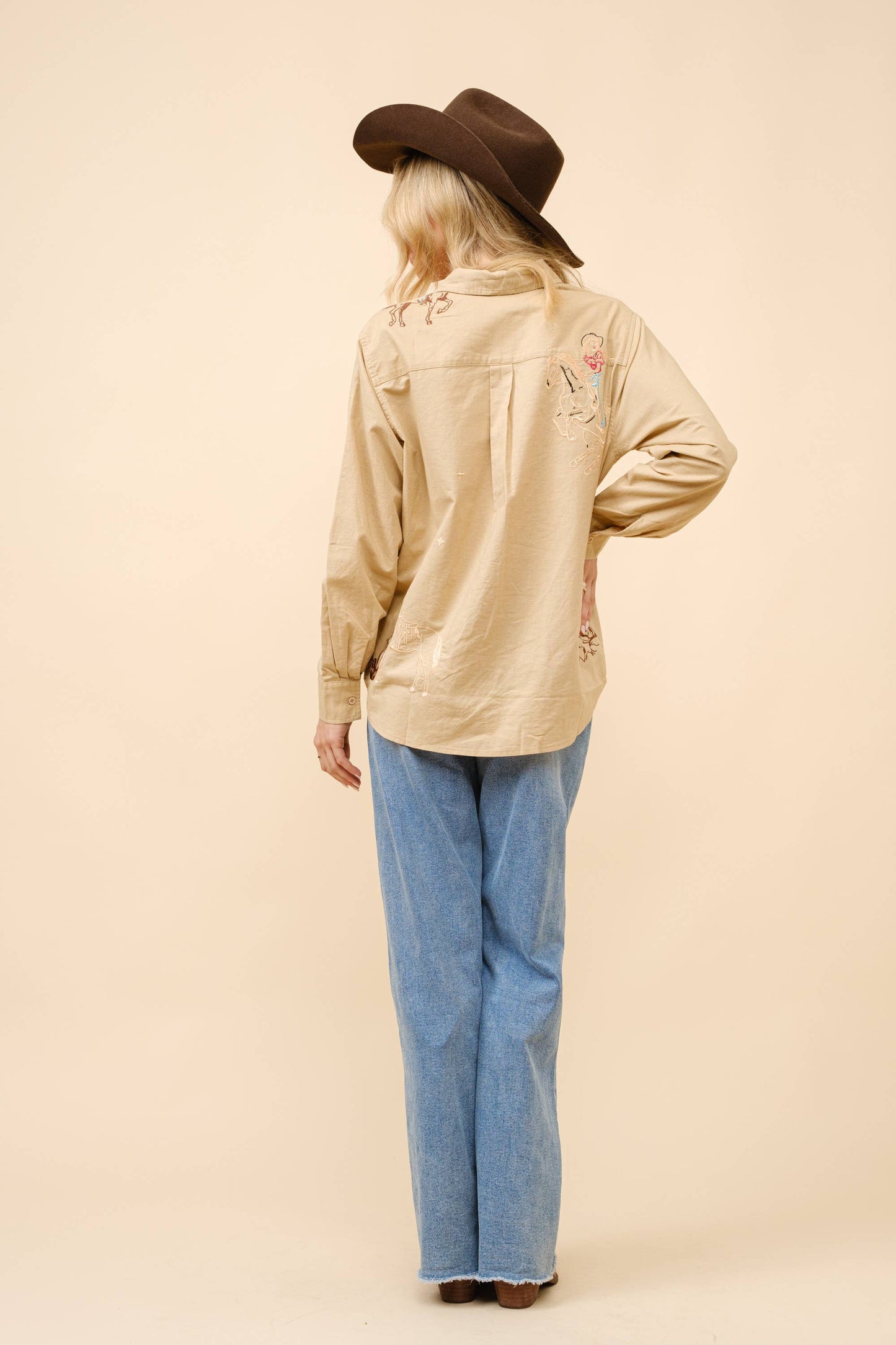 Western Cowgirl Motif Button Up Linen Shirt Blouse: CAMEL