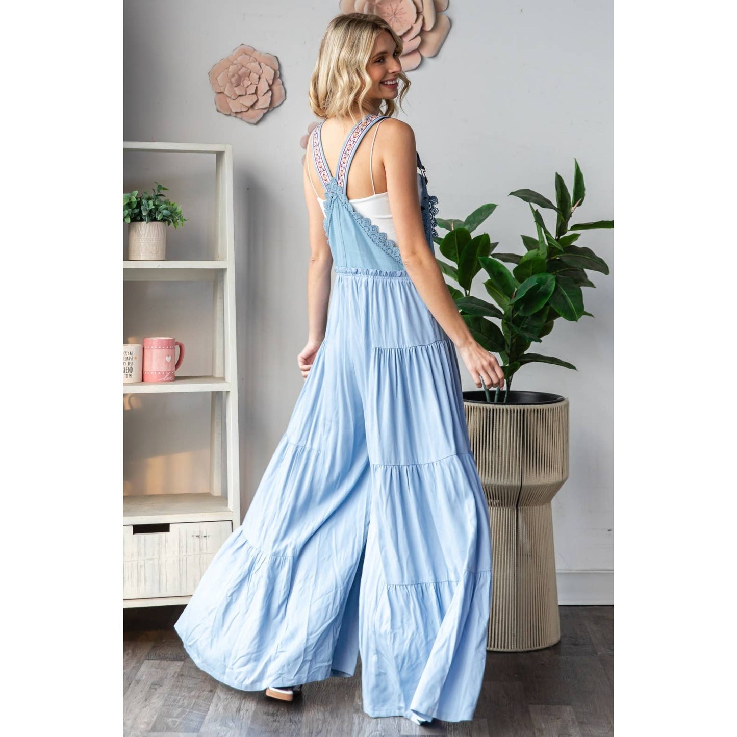 Embroidered Strap Flowy Jumpsuit: Blue