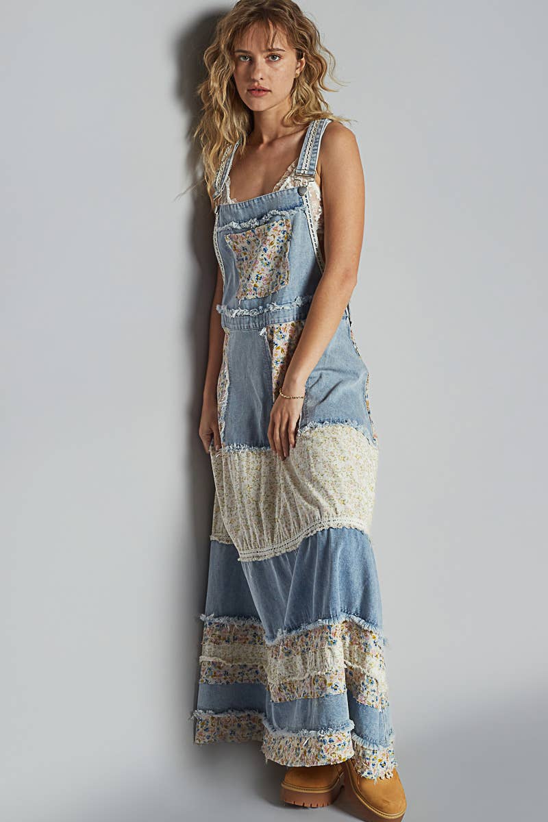 JULY SHIP POL Vintage Washed Front Pocket Floral Contrast Dress