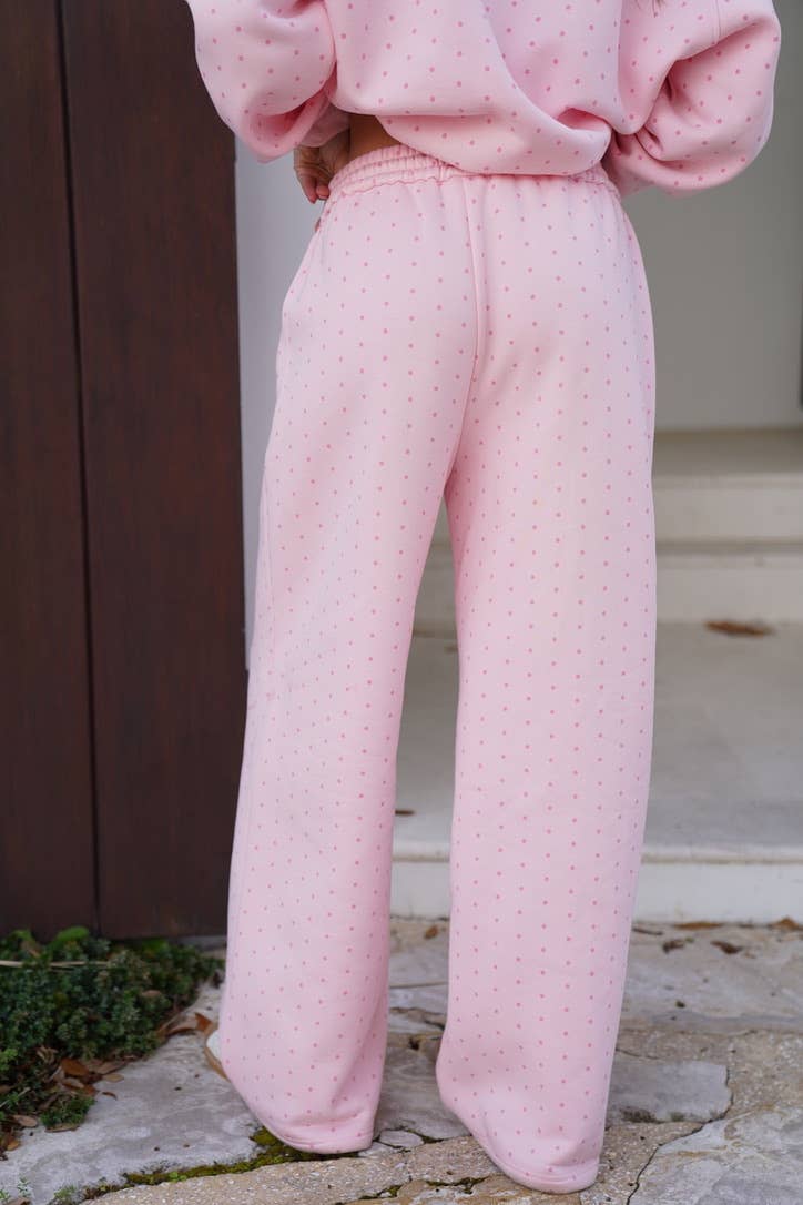 JUNE SHIp Sunkissed Coconut Light Pink Polka Dot Flare Sweatpants