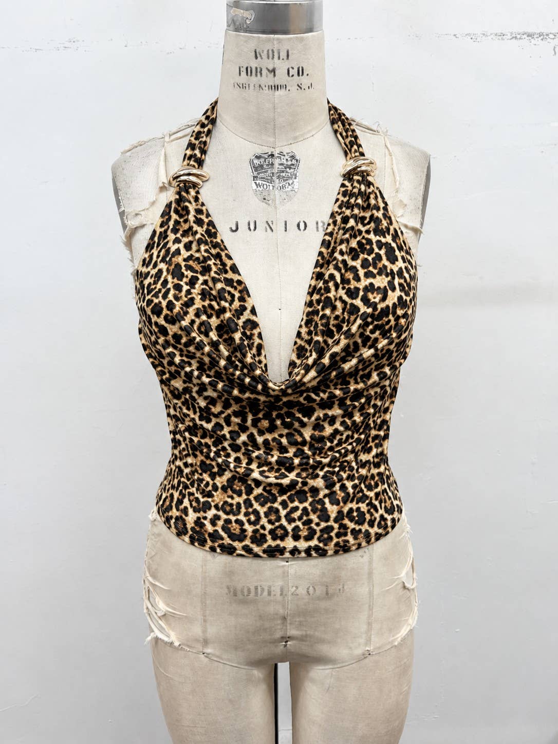 JULY SHIP Leopard Print Cowl Halter Hardware Top: Brown animal