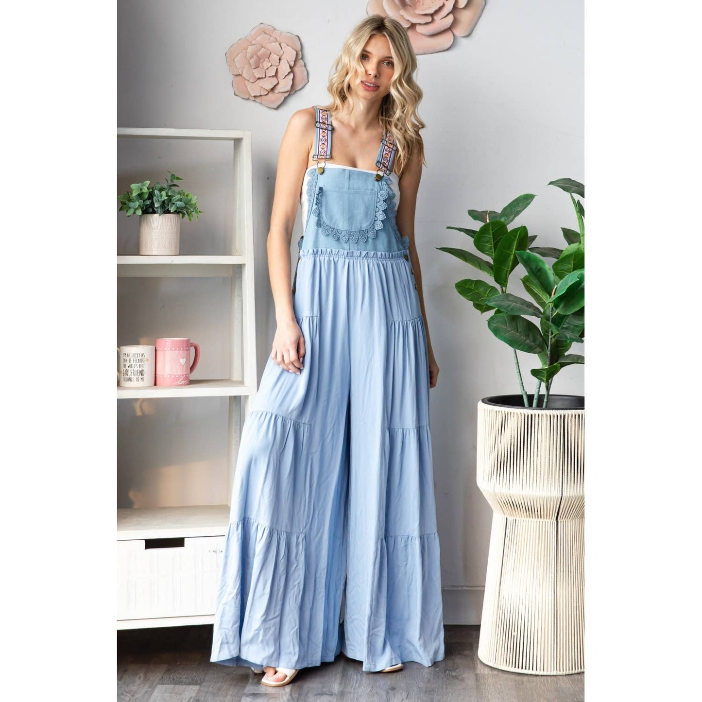 Embroidered Strap Flowy Jumpsuit: Blue