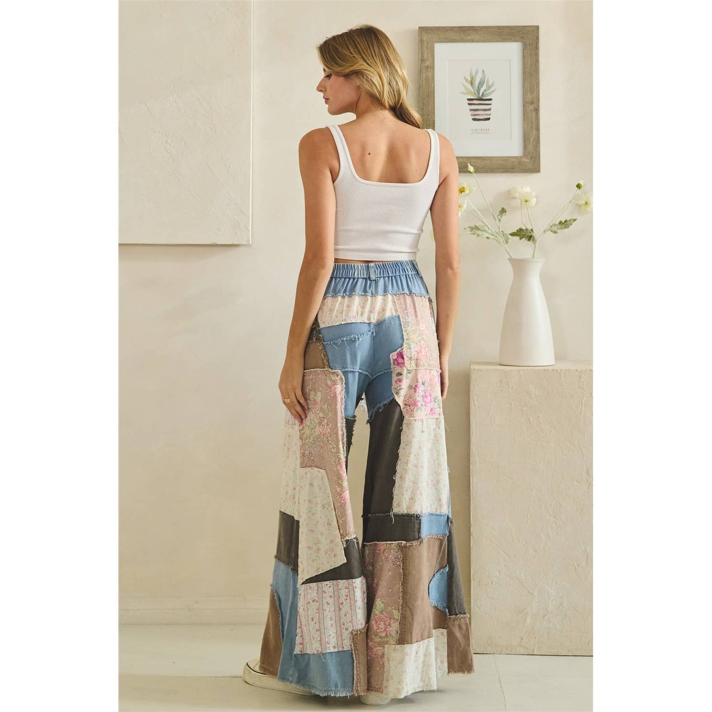 WASHED FLORAL PATCHWORK FLARE PANTS