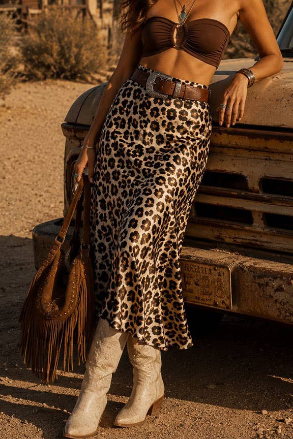 Leopard Satin Midi Skirt: Brown animal