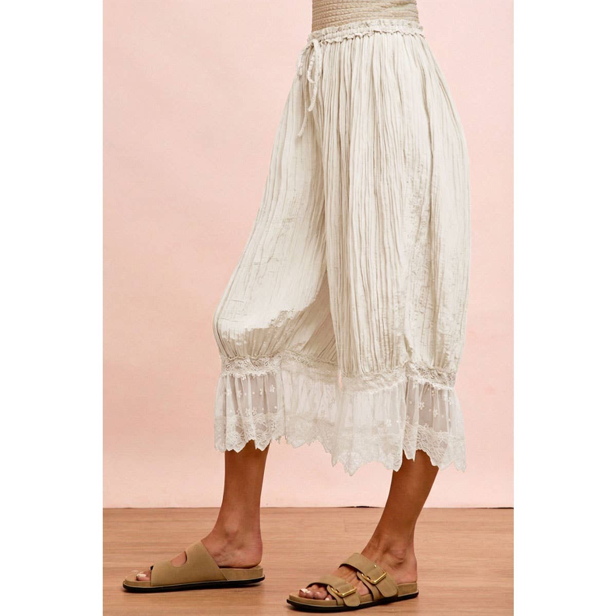 JUNE SHIP SOLID DRAPERY WOVEN PANTS WITH A LACE TRIM HEMLINE: IVORY