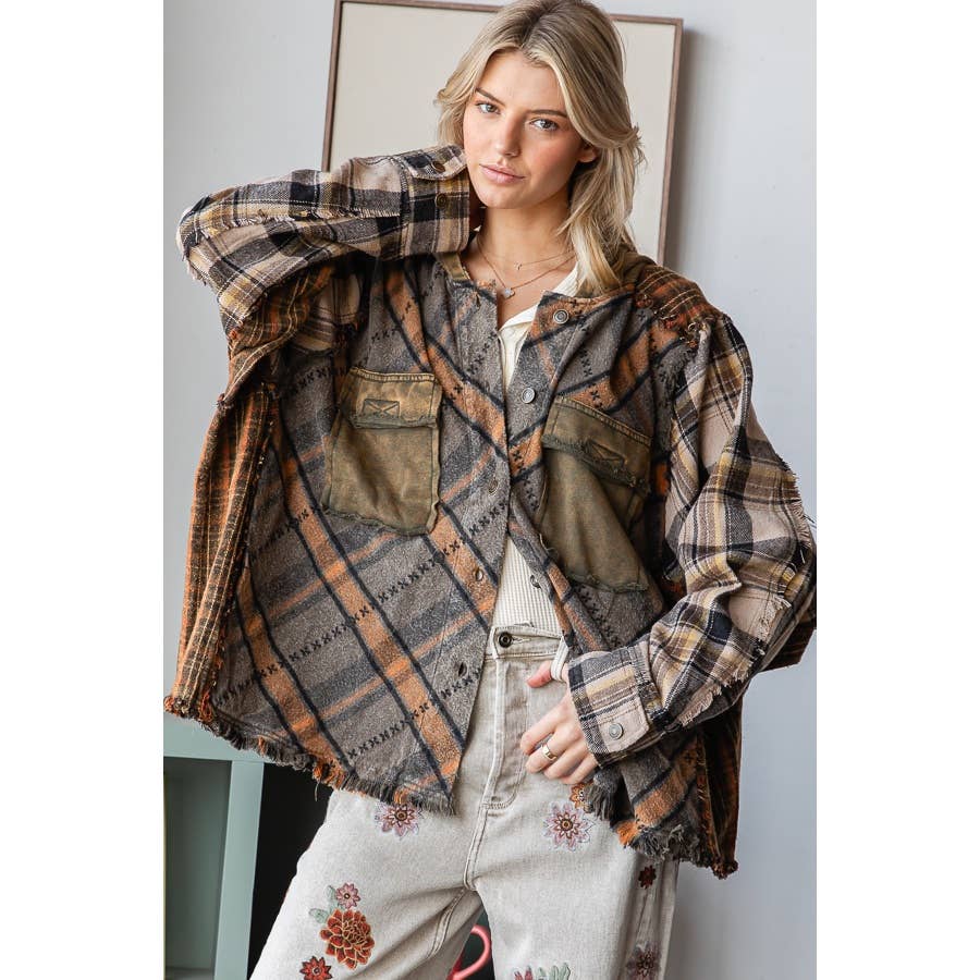 WASHED MIXED PLAID OVERSIZED HOODED JACKET