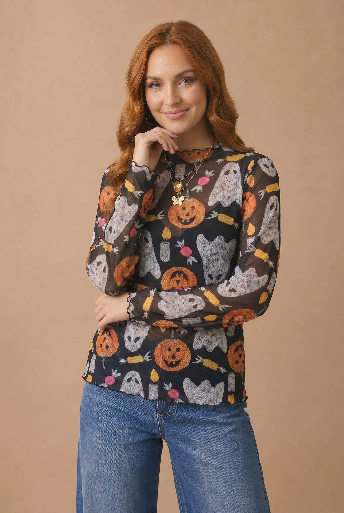 High Neck Pumpkin Ghost Merrow Hem Mesh Top: BLACK / S