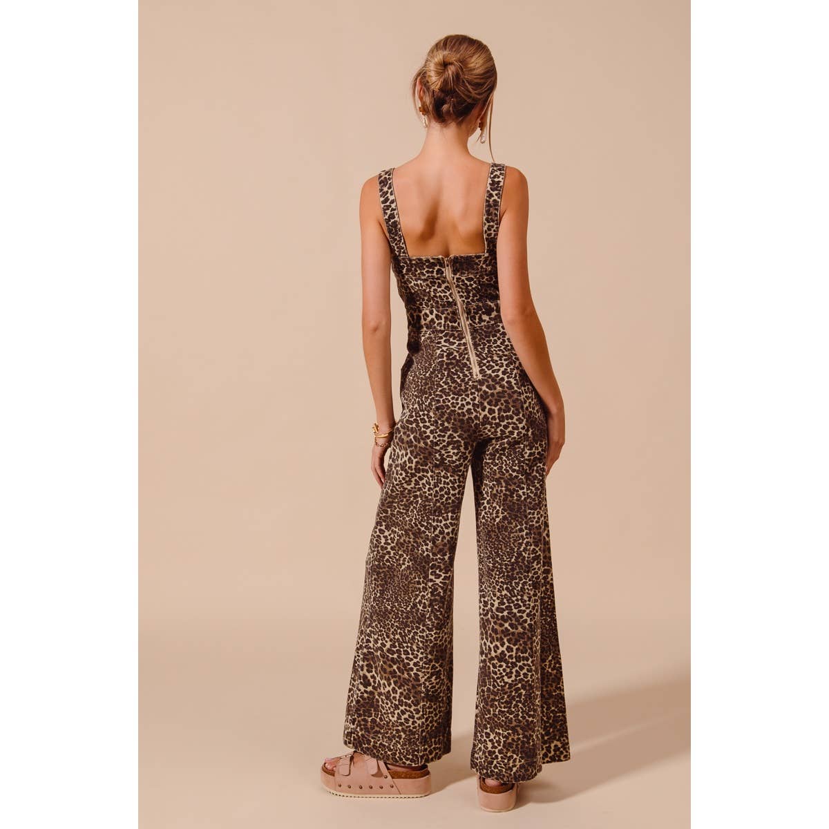 WASHED LEOPARD TWILL WIDE LEG JUMPSUIT WITH POCKET: LEOPARD