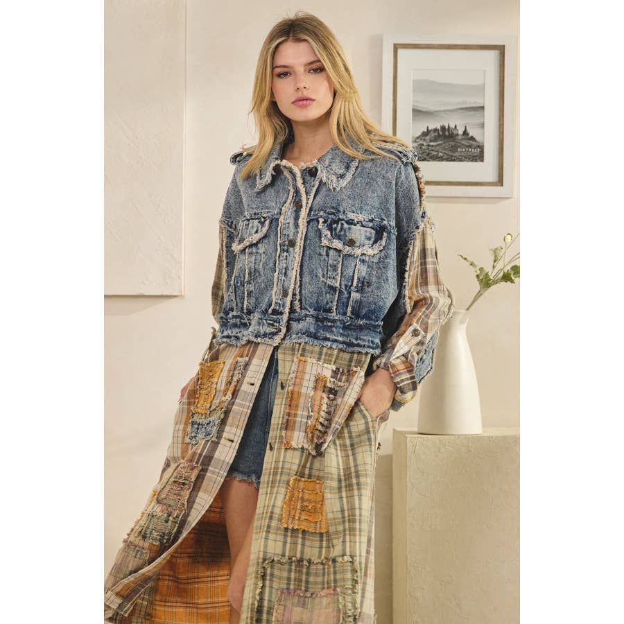 WASHED DENIM PLAID MIXED LONG SLEEVE JACKET