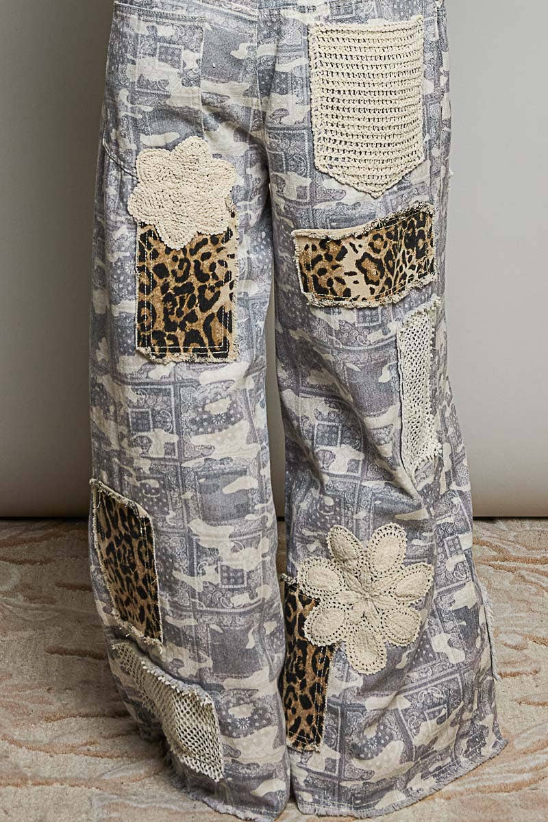 POL Crochet Contrast Patch Detail Chest Pocket Woven Overalls: ALMOND CAMO