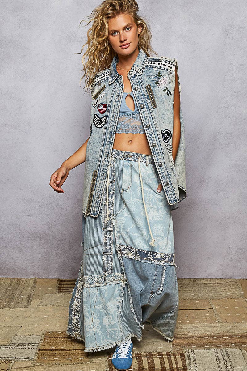 MAY SHIP POL Oversize sleeveless embroidered patchwork denim vest