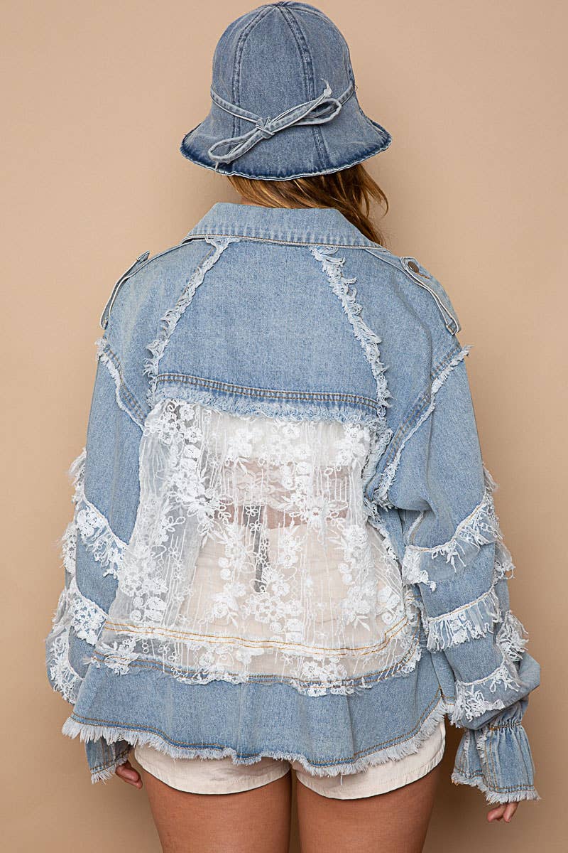Lace trim and panel collared button down denim jacket