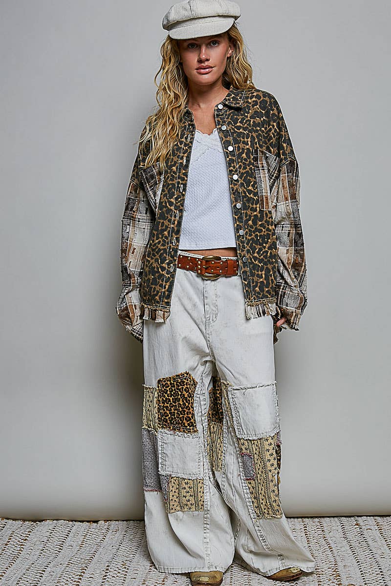JULY SHIP Allover Print Pattern Raw-Edge Fringe Trim Shirt Jacket: CHOCO MULTI