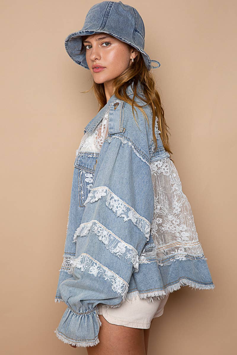 Lace trim and panel collared button down denim jacket