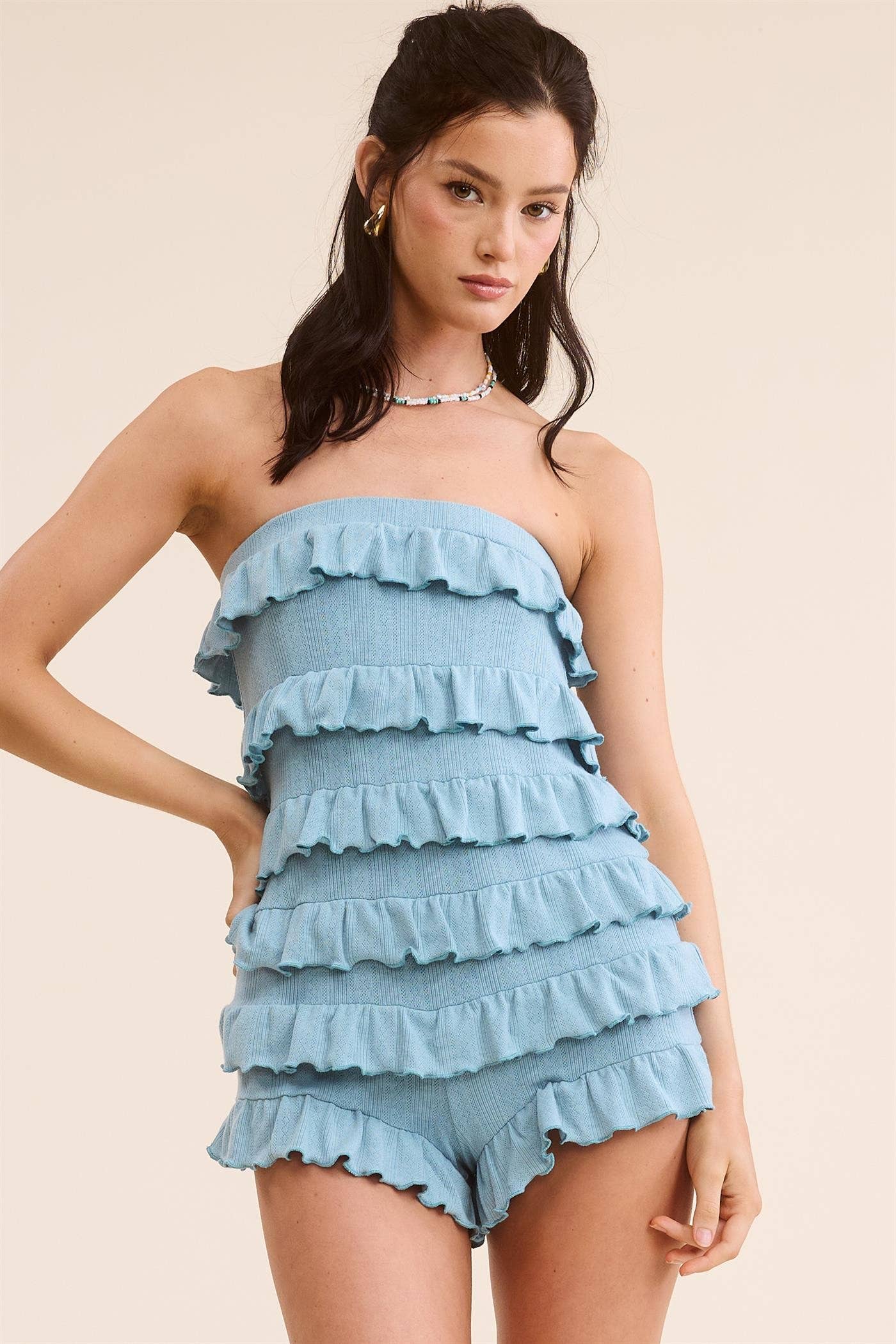 Open-Pack Frilly Strapless Romper with Ruffled Lettuce Hem: Red / S
