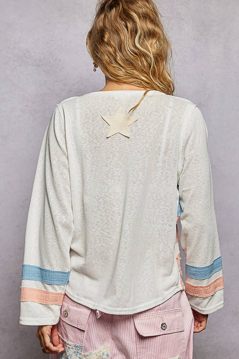 Vintage Washing V-neck American Flag Patch Long Sleeve Top