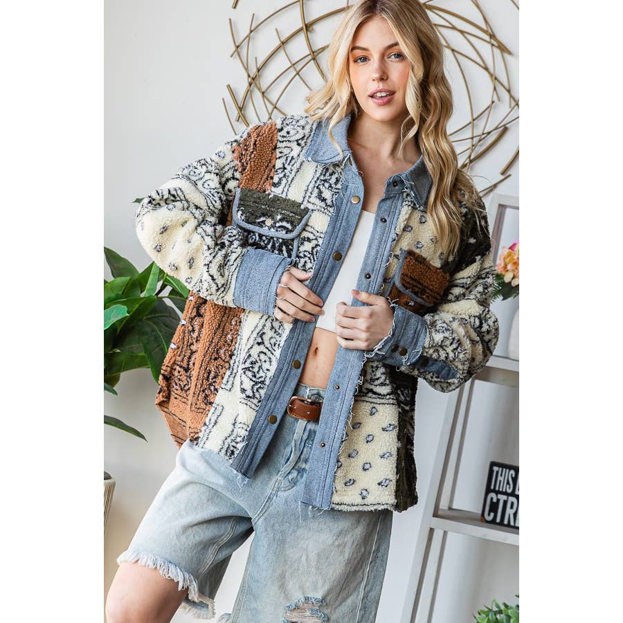 MIXED BANDANA PRINT LONG SLEEVE HOODED CROP JACKET