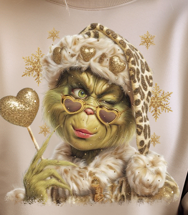 FEELING GRINCHY Leopard BLINGED Santa tee on Natural