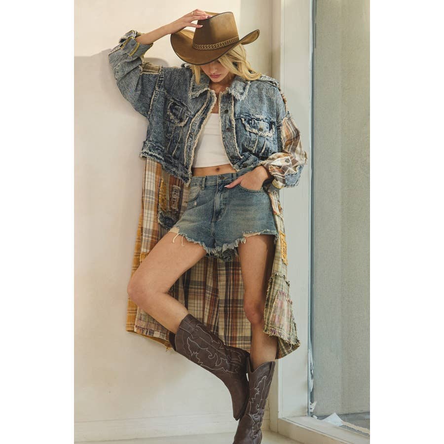 WASHED DENIM PLAID MIXED LONG SLEEVE JACKET