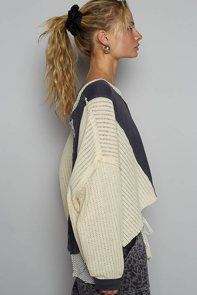 Vintage wash V-neck floral ribbed knit top SALE