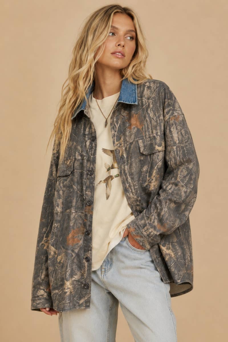 SEPT SHIP Denim Collar Camo Shacket