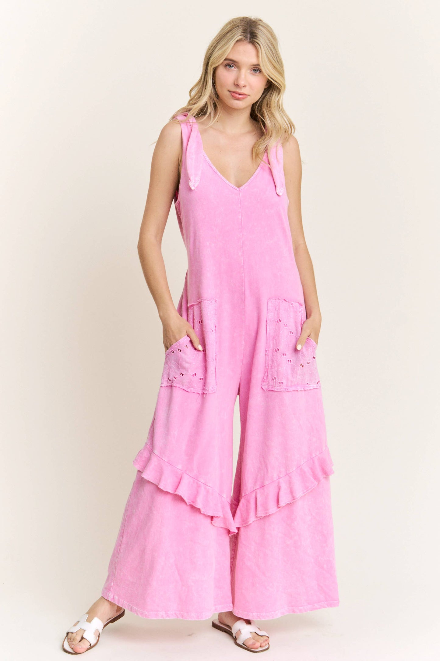 MineralWash Jumpsuit with EyeletPockets and Ruffle