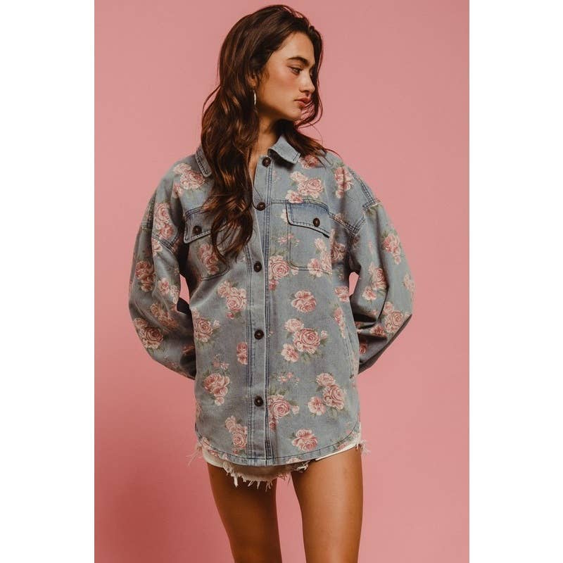 FLORAL PRINT WASHED DENIM SHACKET WITH SIDE POCKET