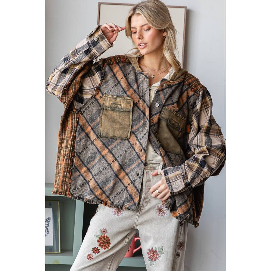 WASHED MIXED PLAID OVERSIZED HOODED JACKET