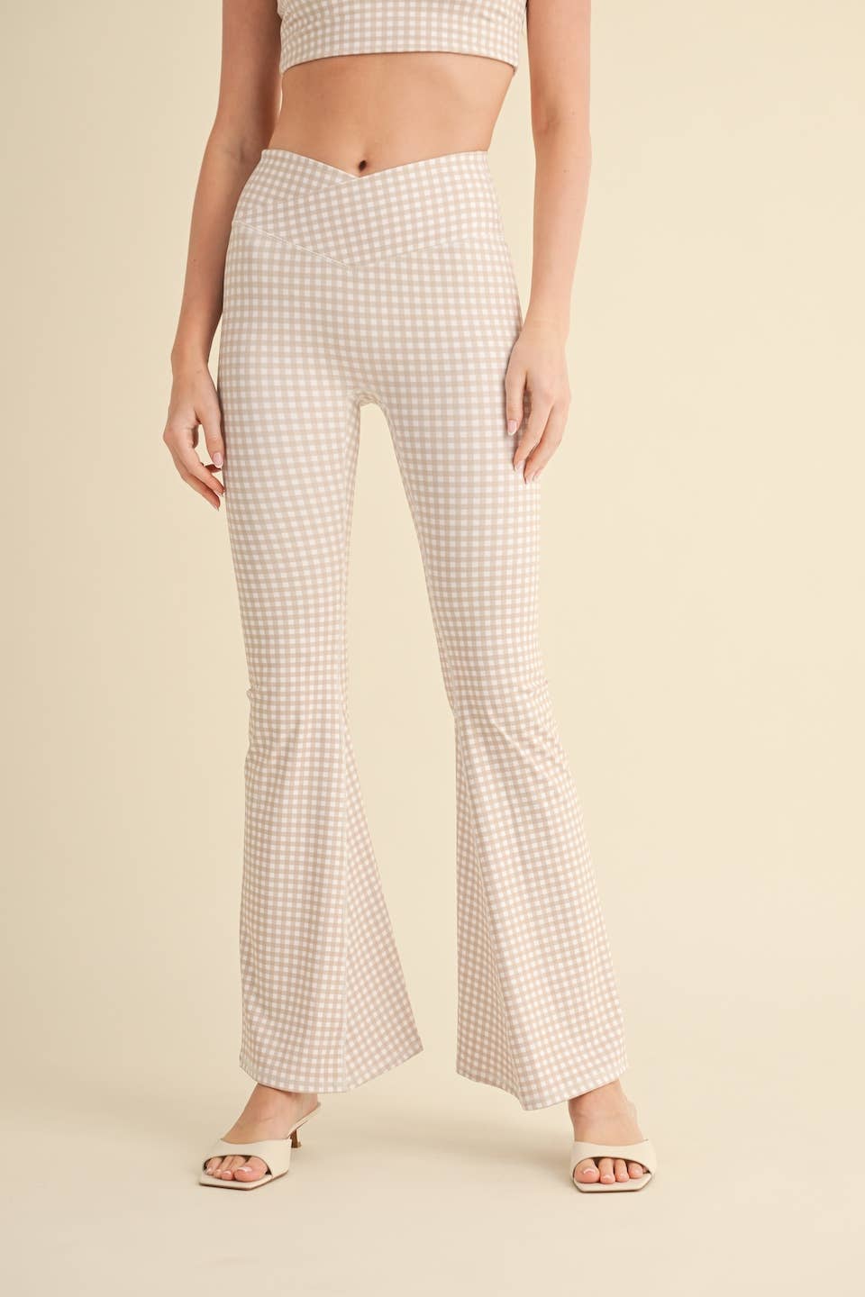 Gingham Print High Waist Crossover Flare Legging