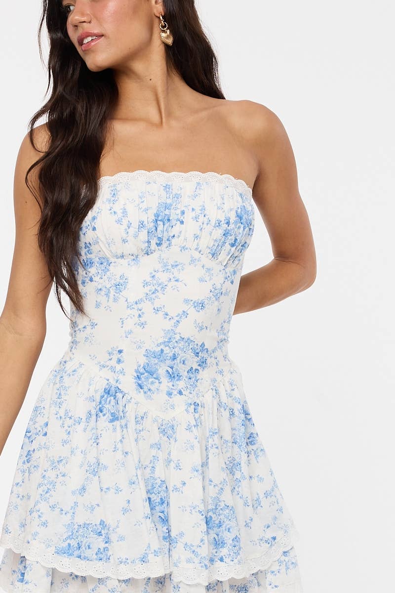 SOFT FLORAL TIERED LACE DOWN TUBE MINI DRESS