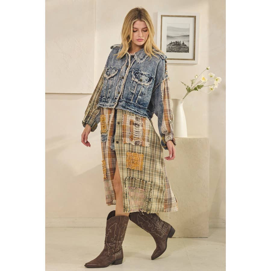 WASHED DENIM PLAID MIXED LONG SLEEVE JACKET
