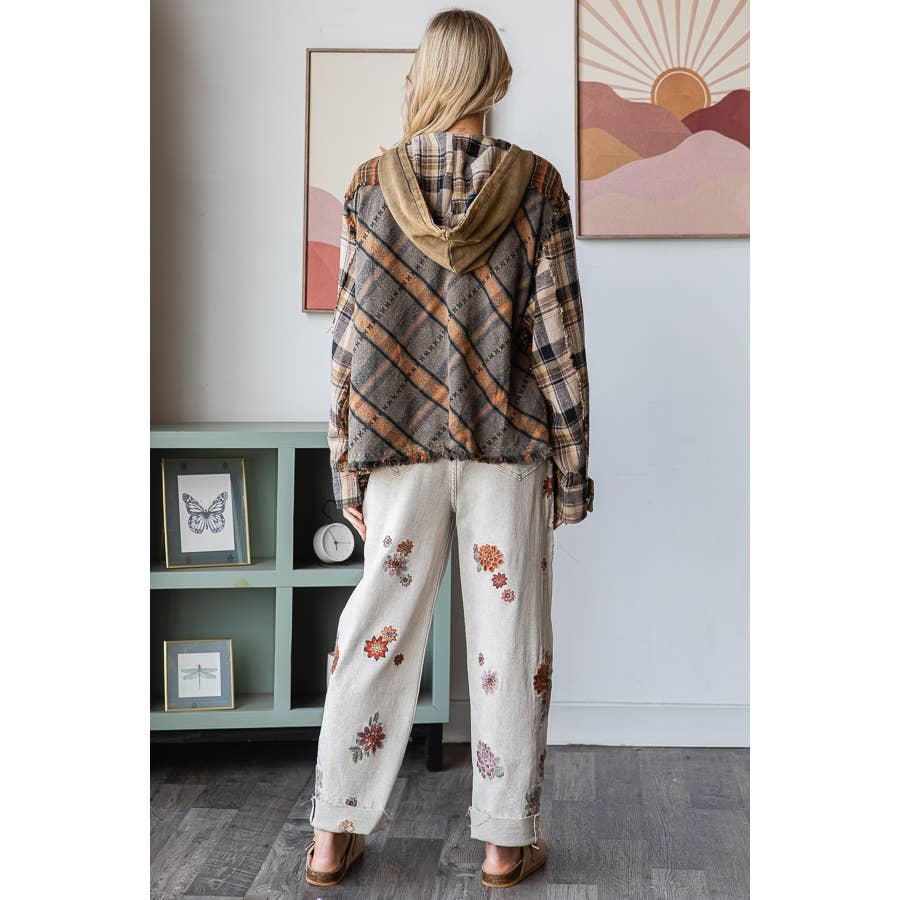 WASHED MIXED PLAID OVERSIZED HOODED JACKET