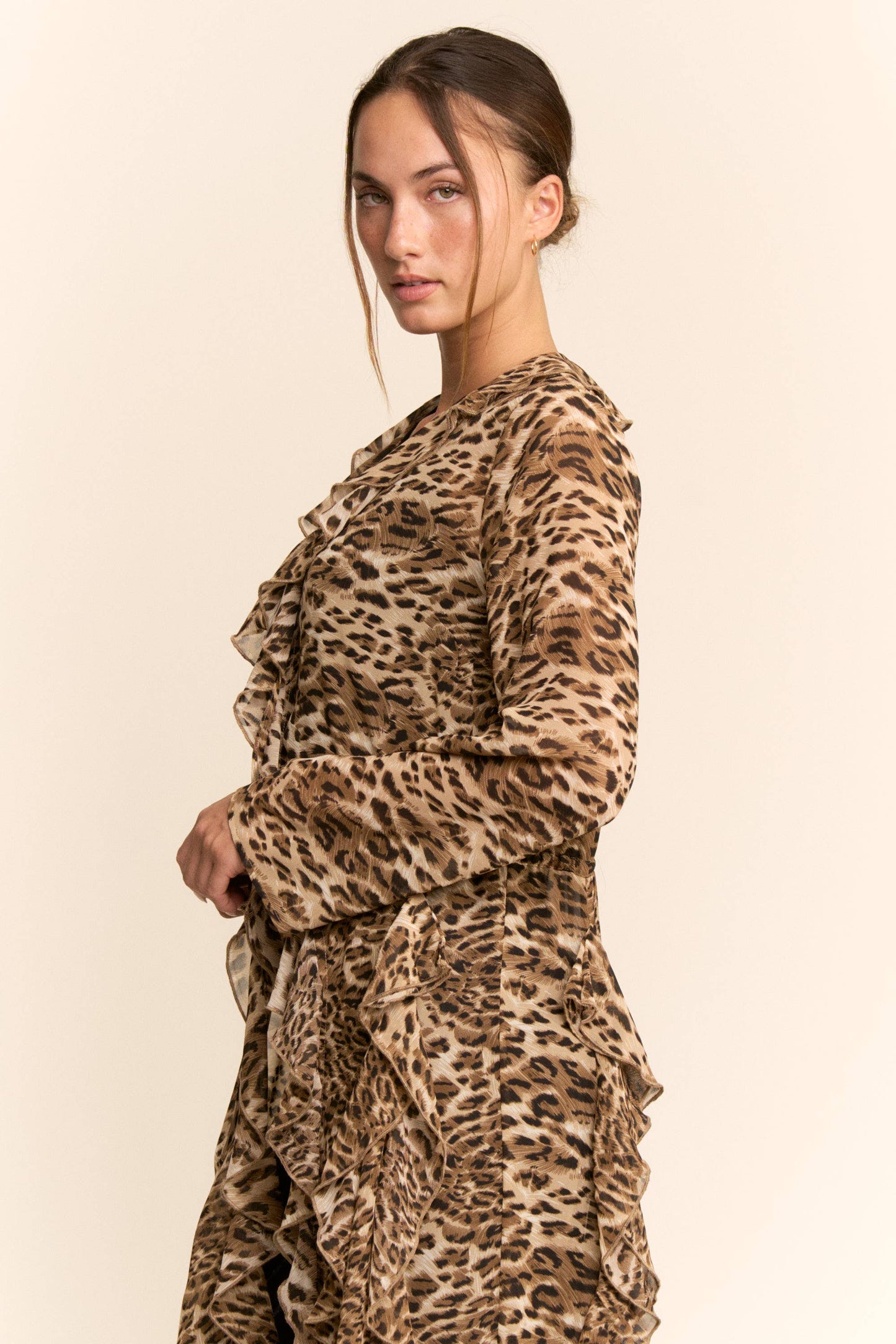 ANIMAL PRINT RUFFLED CHIFFON LONG CARDIGAN