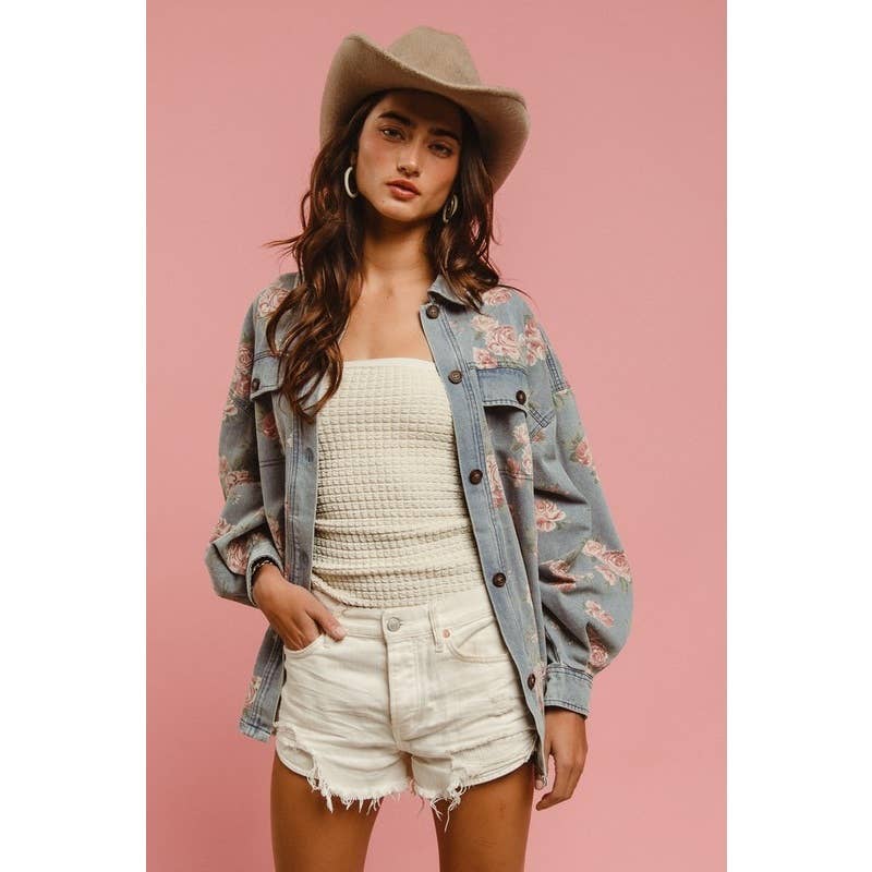 FLORAL PRINT WASHED DENIM SHACKET WITH SIDE POCKET