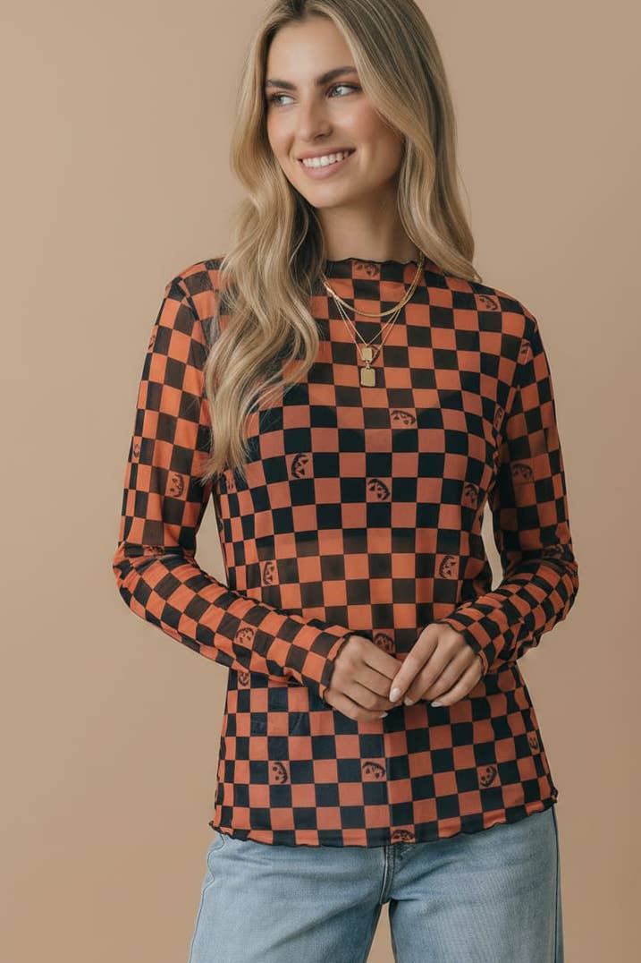 Halloween Pumpkin Merrow Hem Mesh Top: BLACK/ORANGE