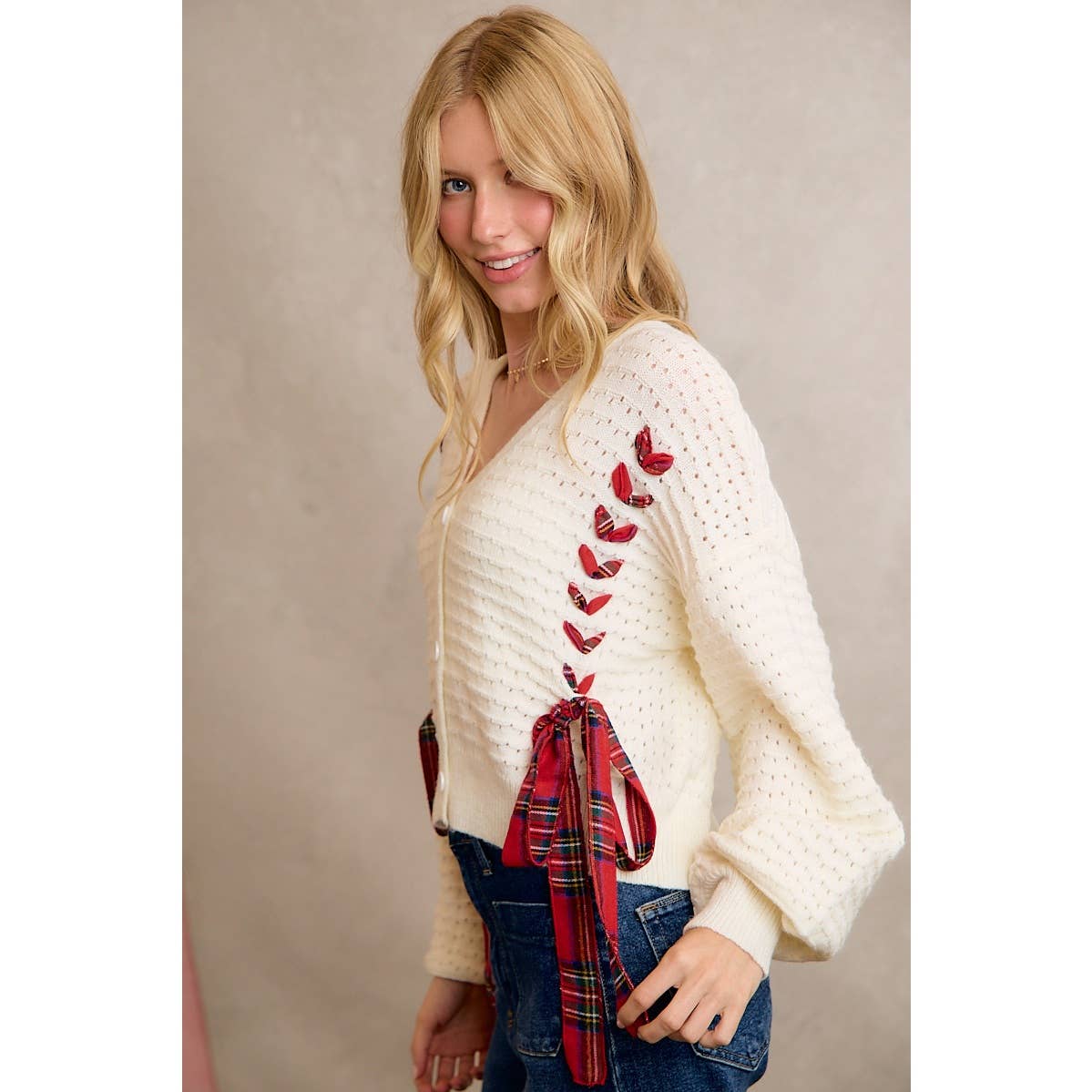 WRAPPED WITH A BOW CHRISTMAS CHECKERED PLAID TAPE LACE TEXTURE SWEATER CARDIGAN
