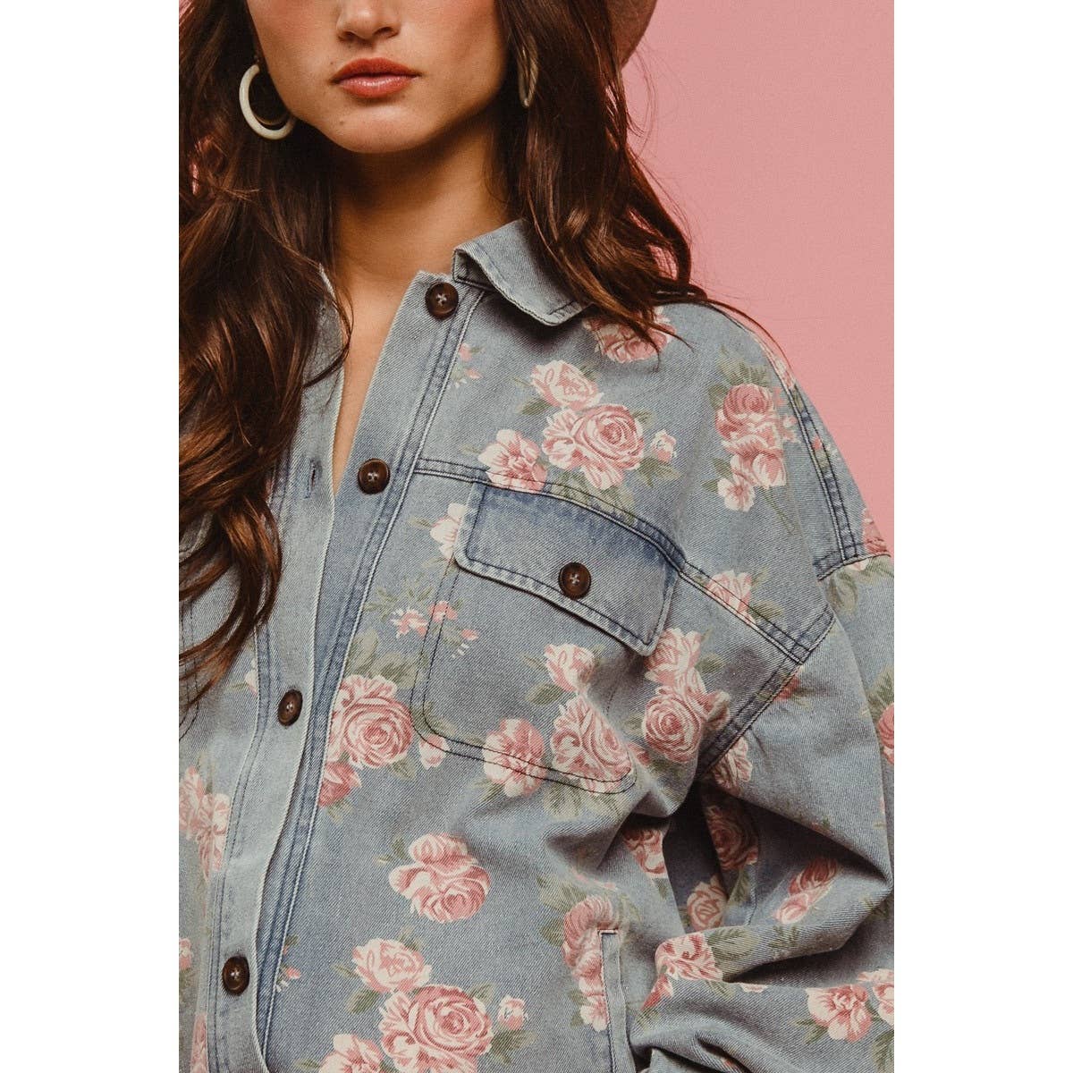 FLORAL PRINT WASHED DENIM SHACKET WITH SIDE POCKET